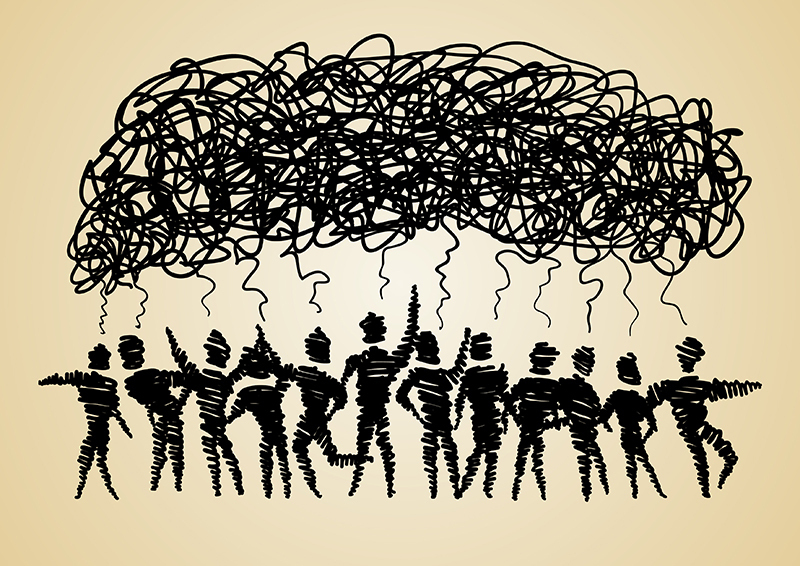 Line Drawing of Several People in Garbled Conversation