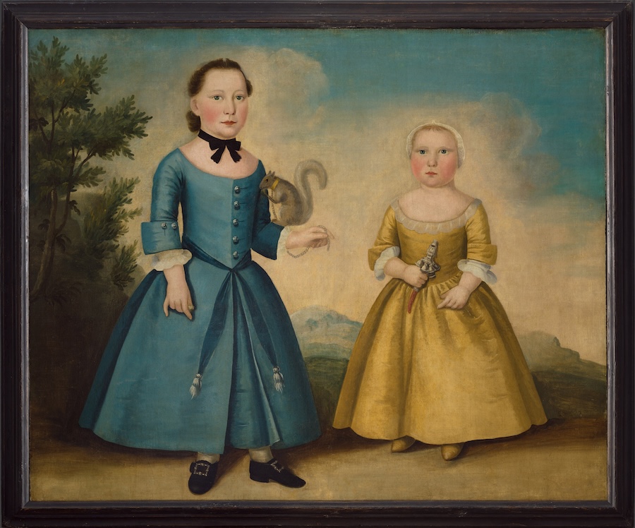 Oil painting depicting two children in dresses, one holding a squirrel and the other a rattle (?).